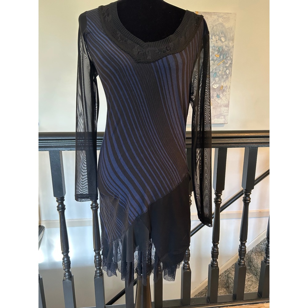 Tricotto Blue Black Striped Mesh Sleeve Asymmetric Lace Ruffle Tunic Dress M